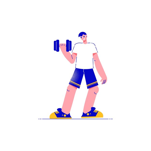 Composición plana de personas de fitness con carácter masculino de chico practicante sosteniendo ilustración de vector de barra