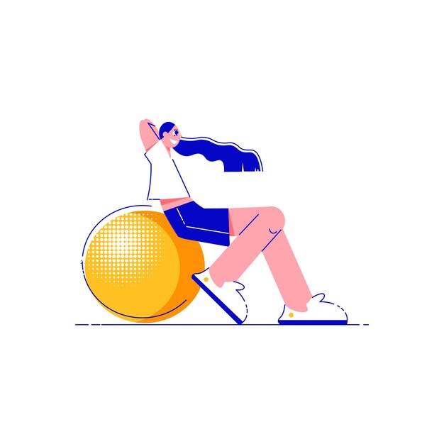 Composición plana de personas fitness con niña sentada en la ilustración de vector de bola de goma grande