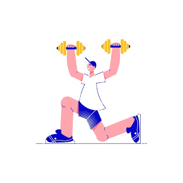 Composición plana de personas fitness con personaje masculino sosteniendo dos pesas en las manos ilustración vectorial