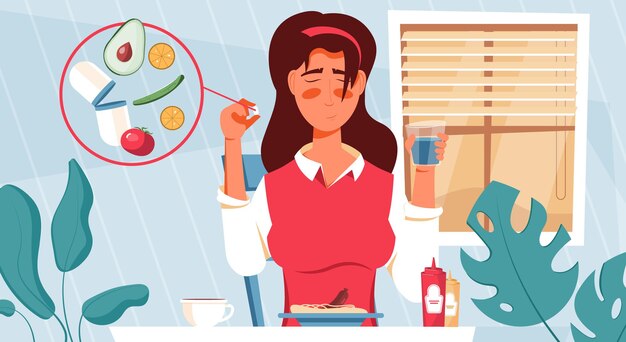 Composición plana de píldoras de vitaminas con paisaje de casa y carácter de mujer pensando en tomar suplementos nutricionales ilustración