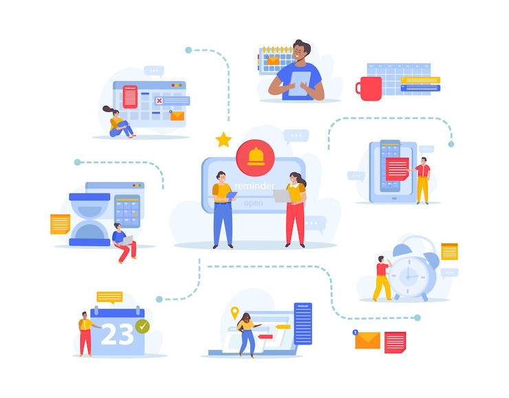 Vector gratuito composición plana de planificación de eventos con diagrama de flujo de iconos aislados calendarios notas recordatorios planificadores y personajes humanos ilustración vectorial