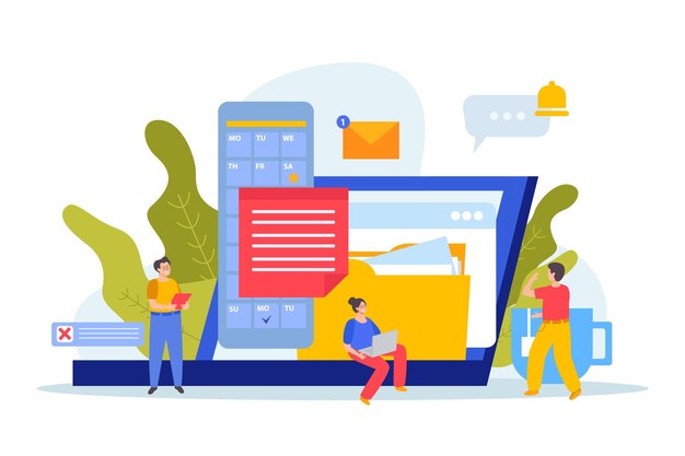 Composición plana de planificación de eventos con garabatos personajes humanos documentos portátiles aplicación de calendario mensaje y señales de notificación ilustración vectorial