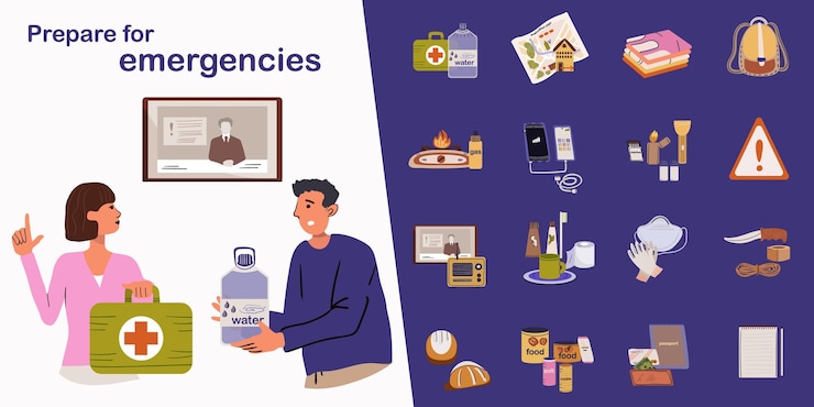 Vector gratuito la composición plana de prevención de desastres con íconos aislados de métodos de medicación ayuda a las máscaras protectoras, guantes y personas, ilustración vectorial