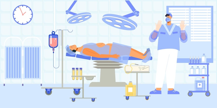 Vector gratuito composición plana del procedimiento de cirugía de liposucción con el paciente en la mesa de operaciones con marcas de áreas de eliminación de grasa