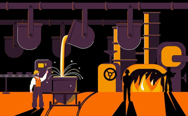 Composición plana de producción metalúrgica con paisajes industriales frascos con metal líquido y caracteres garabateados de trabajadores ilustración vectorial
