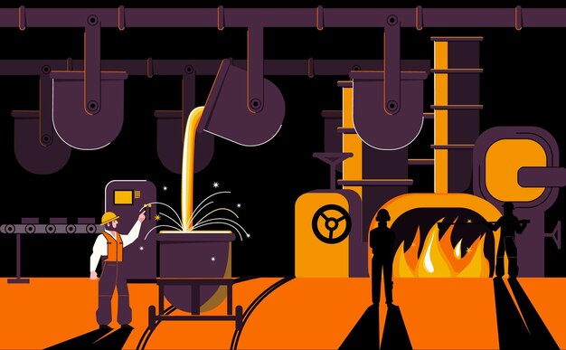 Composición plana de producción metalúrgica con paisajes industriales frascos con metal líquido y caracteres garabateados de trabajadores ilustración vectorial