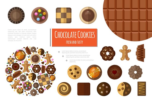 Composición plana de productos dulces con barra de chocolate y diferentes tipos de galletas de chocolate