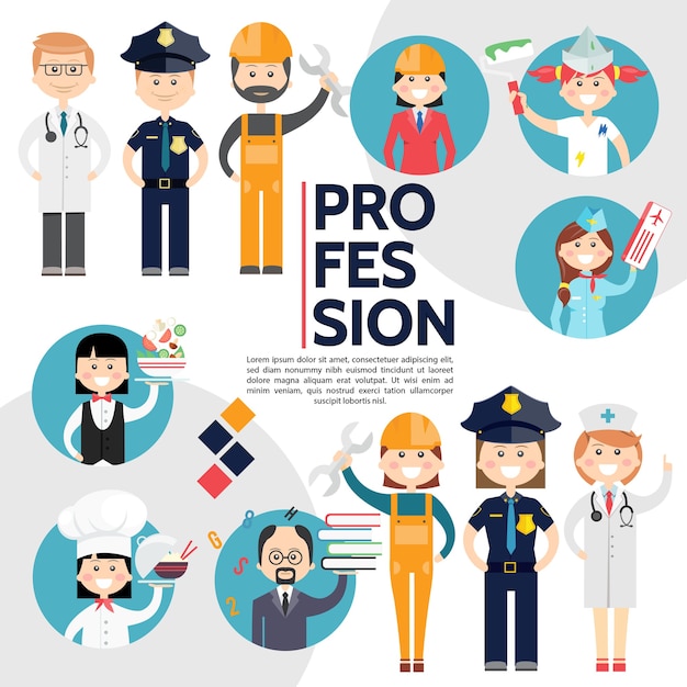 Vector gratuito composición plana de profesiones masculinas y femeninas con médicos, policías, constructores, ingeniero, pintor