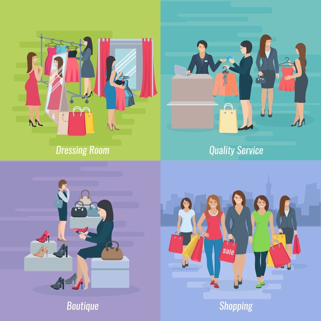 Composición plana que representa a la mujer de compras en la ilustración de vector de boutique o centro comercial