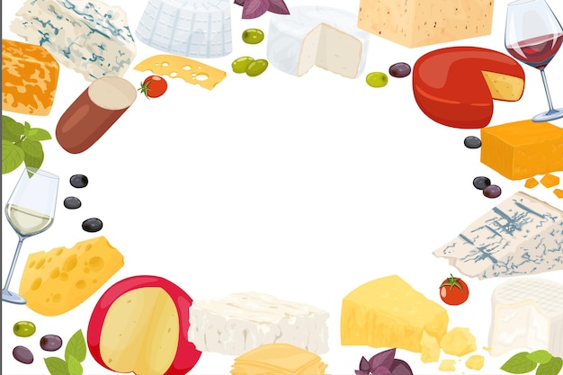 Composición plana de queso o marco cabezas enteras de queso y aceitunas de vino en rodajas y tomates ilustración vectorial