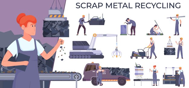 Composición plana de reciclaje de metal con carácter femenino de texto del trabajador y conjunto de iconos de descarga aislados ilustración vectorial