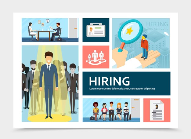 Composición plana de reclutamiento de recursos humanos con empresario en la ilustración de foco
