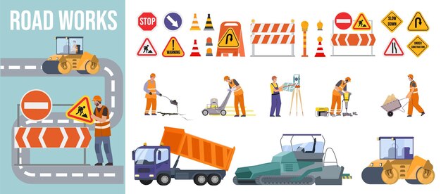 Composición plana de reparación de carreteras compuesta por señales de tráfico de equipos pesados y personas que realizan obras geodésicas y de carreteras Ilustración vectorial