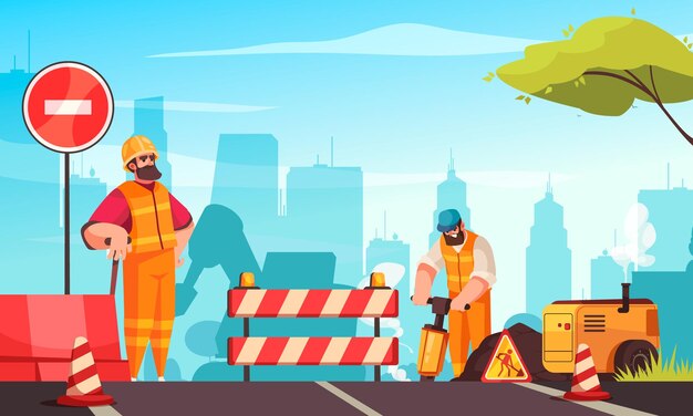 Composición plana de reparación de carreteras con personajes de constructores que trabajan con ilustración de vector de dibujos animados de martillo neumático
