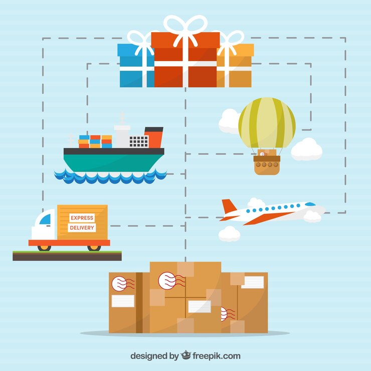 Vector gratuito composición plana de reparto con distintos transportes