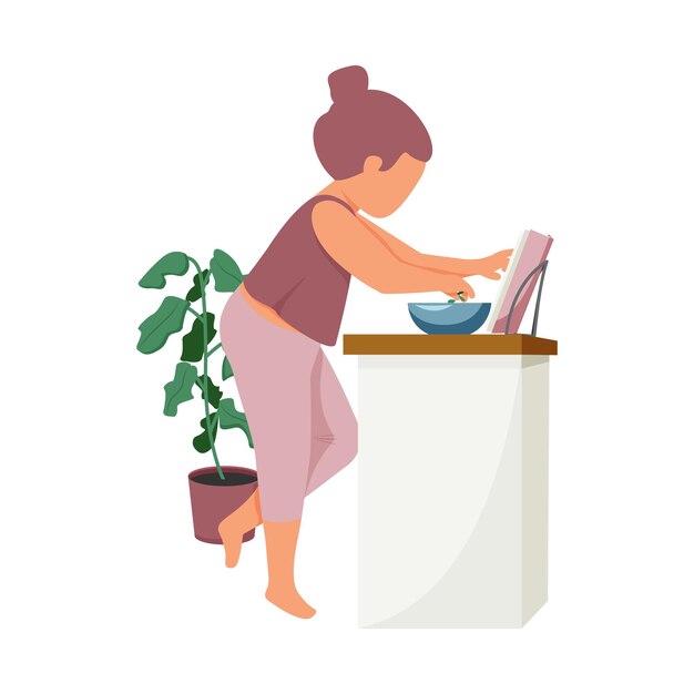Composición plana de rutina diaria de mujer con carácter de mujer cocina con libro de recetas ilustración vectorial