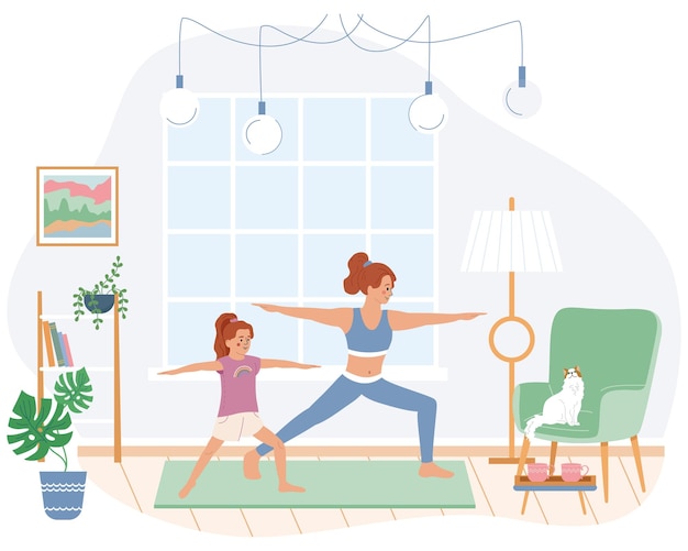 Composición plana de rutina matutina familiar con mamá e hija haciendo ejercicio en interiores ilustración vectorial