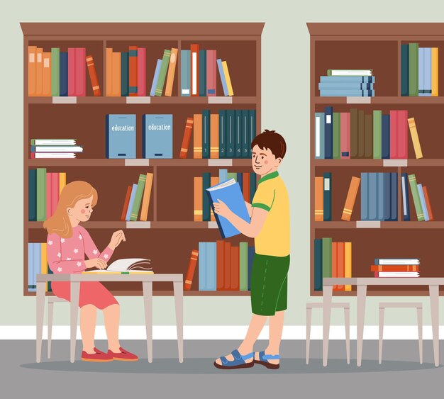 Composición plana de servicios para niños con niños en la ilustración de vector de biblioteca