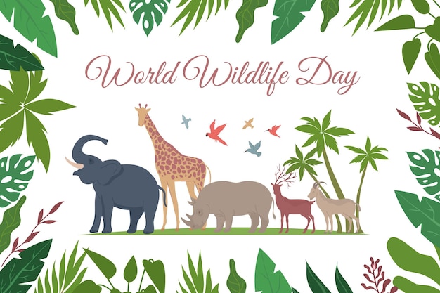 Vector gratuito composición plana de la tarjeta del día mundial de la vida silvestre con marco floral de texto adornado y aves exóticas con ilustración de animales