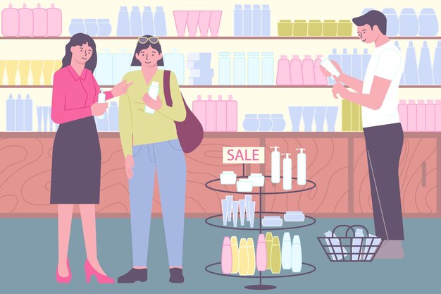 Composición plana de tienda de cosméticos con estantes de escenario de tienda interior con productos