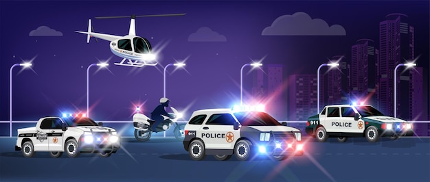 Composición plana de transporte policial con paisaje nocturno de la ciudad y helicóptero volador con múltiples autos e ilustraciones de vectores de motocicletas