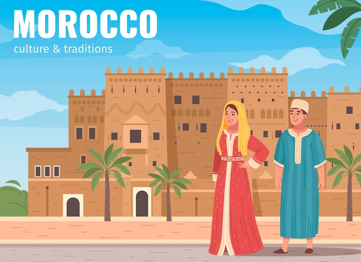 Vector gratuito composición plana de viaje turístico de marruecos con fortaleza tradicional de hombre y mujer y fondo de cielo con ilustración de vector de texto