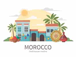 Vector gratuito composición plana de viaje turístico de marruecos con texto editable y vista frontal de la ilustración de vector de edificio antiguo de chefchaouen medina