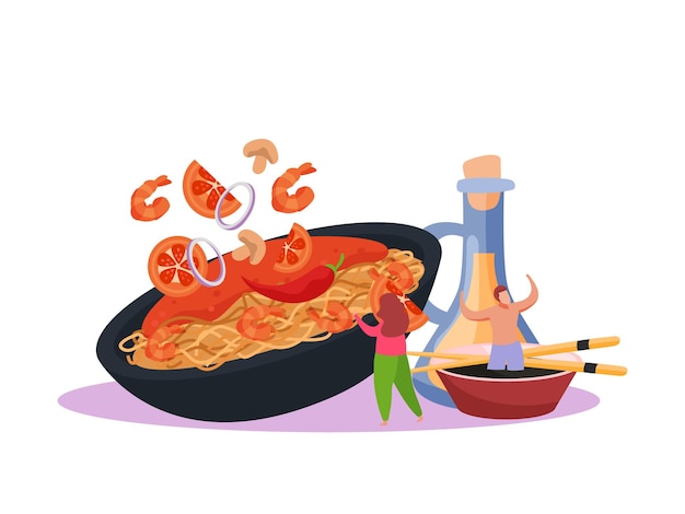 Vector gratuito composición plana de wok box con salsa y fideos con gambas, tomates y pimienta ilustración vectorial