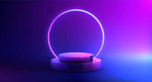 Composición de podio realista de neón brillante con marco de retroiluminación de círculo de fondo oscuro y pedestal con reflejos coloridos ilustración vectorial