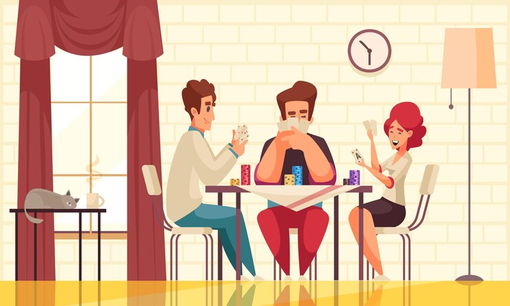 Vector gratuito composición de póquer de juegos de mesa con tres personas que juegan un juego en la mesa de la sala