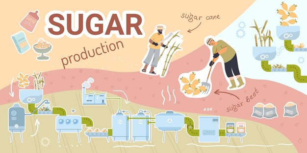 Composición de producción de azúcar con collage de iconos planos con bastones de remolacha de unidades de fábrica y personajes humanos ilustración vectorial
