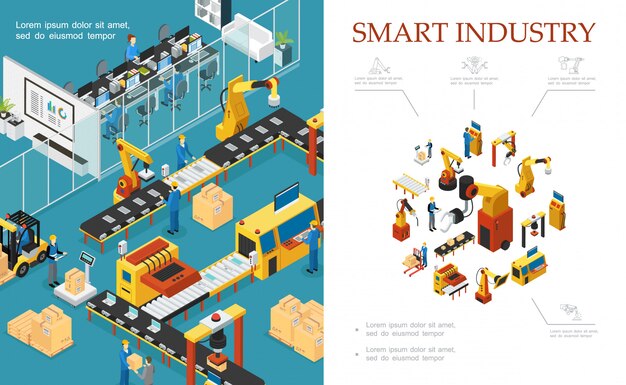 Composición de producción industrial moderna isométrica con líneas automáticas de montaje y envasado operadores de ingenieros de brazos robóticos
