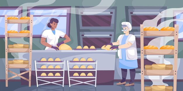 Composición de producción de panadería con vista de cocina con rejillas y hornos múltiples con panaderos preparando pan ilustración