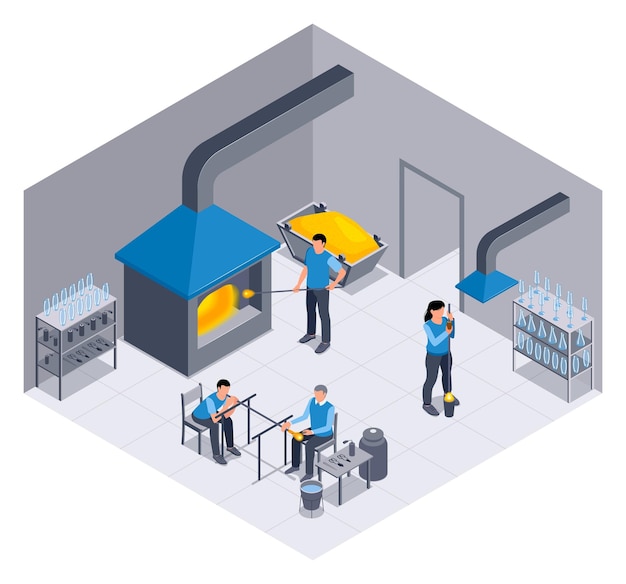 Composición de producción de vidrio isométrica con vista aislada del taller de fábrica con estufa y personajes de trabajadores ilustración vectorial