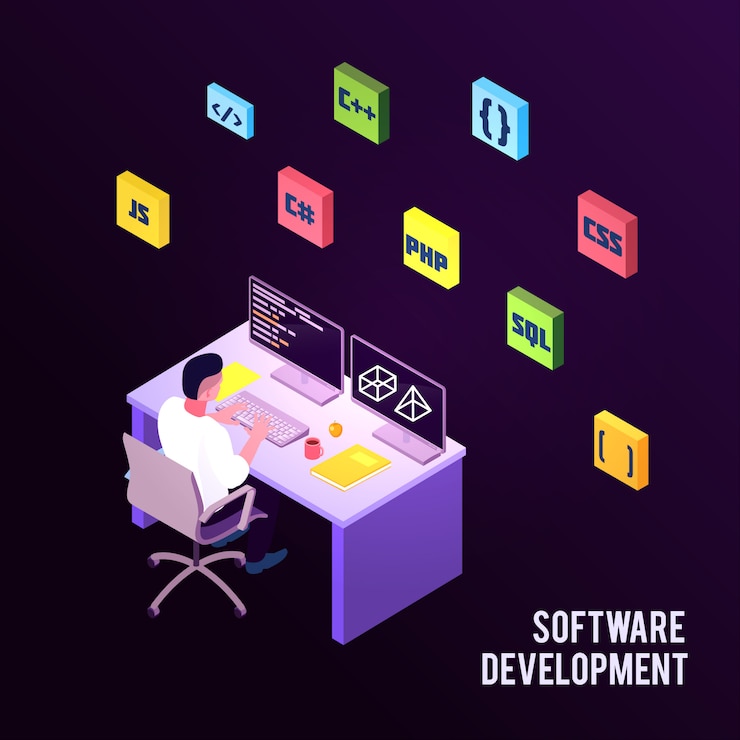 Vector gratuito composición de programadores isométricos coloreados con descripción de desarrollo de software y hombre sentado en el trabajo