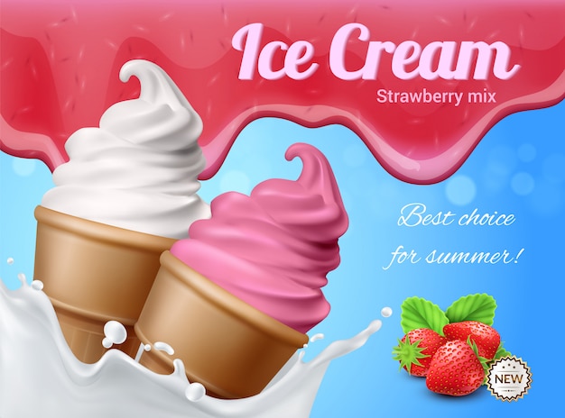 Composición de publicidad realista de helado con texto editable e imágenes de dos cucuruchos de helado con ilustración de bayas