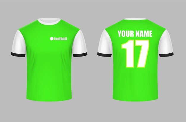 Composición de publicidad realista de maqueta de uniforme deportivo con vista frontal y trasera de camiseta verde con ilustración de vector de número aislado