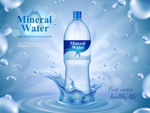 Composición publicitaria de agua mineral con símbolos de agua embotellada
