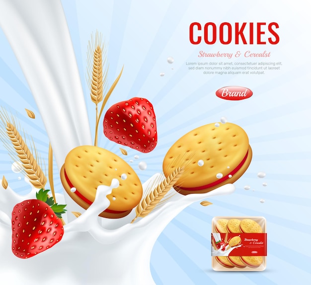 Vector gratuito composición publicitaria de galletas con capa de mermelada de fresa decorada con espigas de trigo y spray cremoso realista