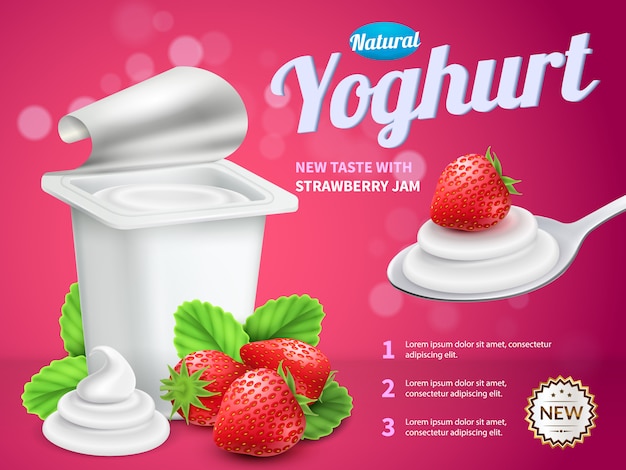 Composición publicitaria del paquete de yogur con yogur de fresa