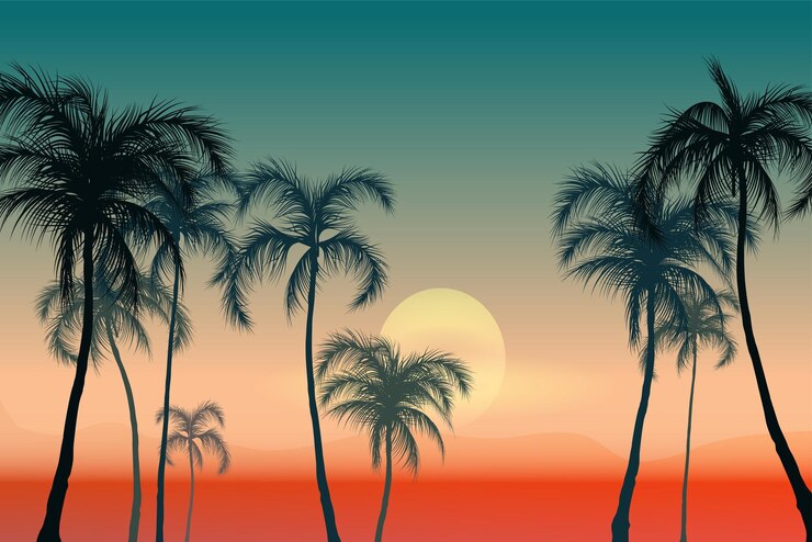 Vector gratuito composición de puesta de sol de palma con paisaje al aire libre y cielo gradiente con sol y siluetas de árboles ilustración vectorial