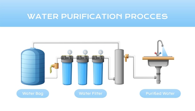 Composición de purificación de limpieza de tratamiento de agua con diagrama para filtros de bolsa de agua y fregadero con ilustración de vector de agua purificada
