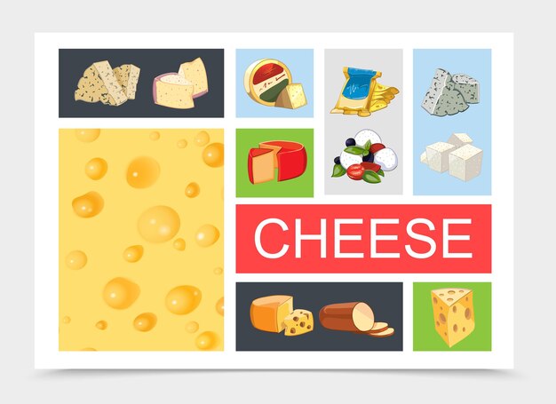 Composición de queso natural de dibujos animados con dorblu danablu raclette grano padano feta maasdam mozzarella gouda tipos ahumados y textura de queso realista