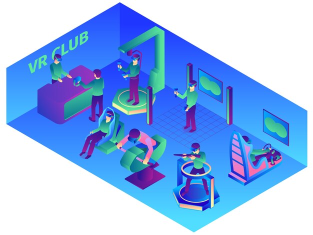 Composición de realidad virtual isométrica con vista interior del vr computer club con dispositivos portátiles y atracciones ilustración vectorial