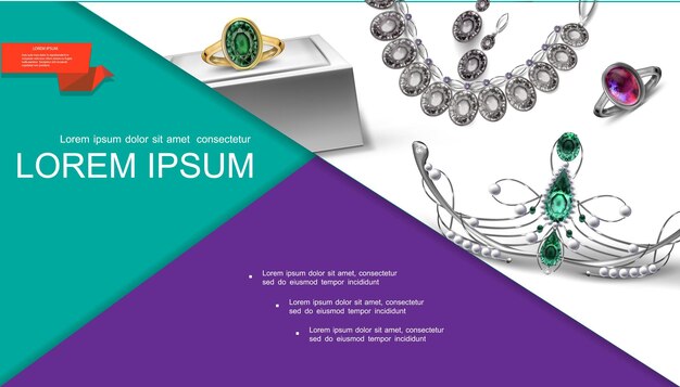 Composición realista de accesorios de joyería con collar de plata, anillo de oro, diadema con esmeralda, rubí y perla ilustración
