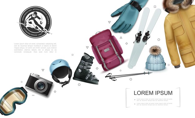 Composición realista de la actividad de invierno con mochila, palos de esquí, chaqueta, guante, sombrero, cámara, casco de snowboard
