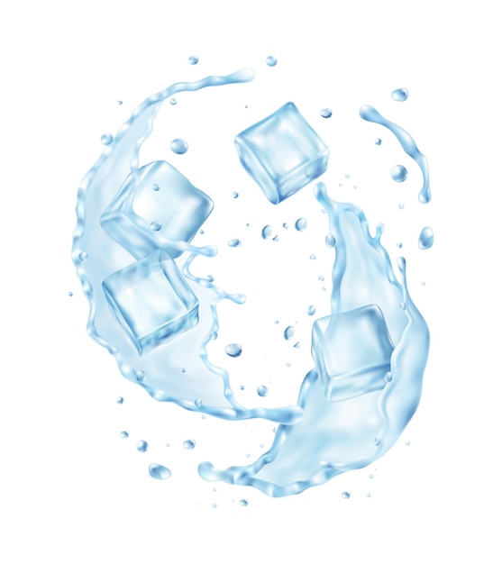 Vector gratuito composición realista de agua mineral con vista de cubitos de hielo con salpicaduras de agua en la ilustración de vector de fondo en blanco