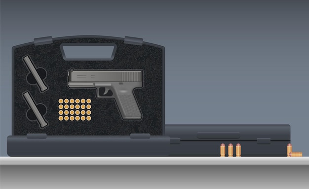 Vector gratuito composición realista de armas de guerra con vista aislada de caja dura abierta con ilustración vectorial redonda de pistolas y municiones