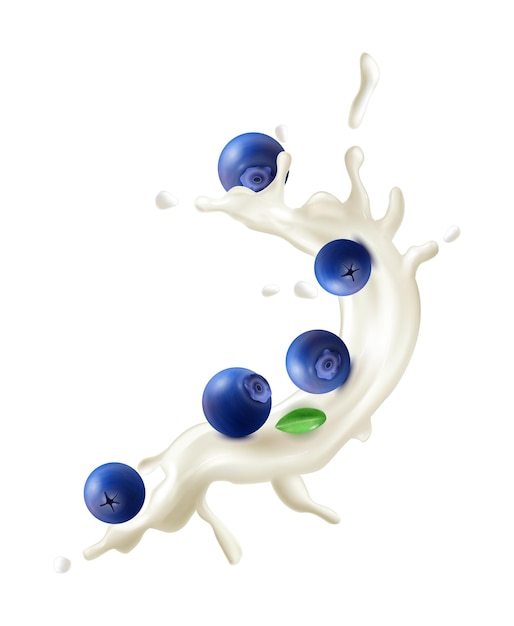 Composición realista de bayas de yogur de leche con salpicaduras de líquido blanco e ilustración vectorial de arándanos maduros