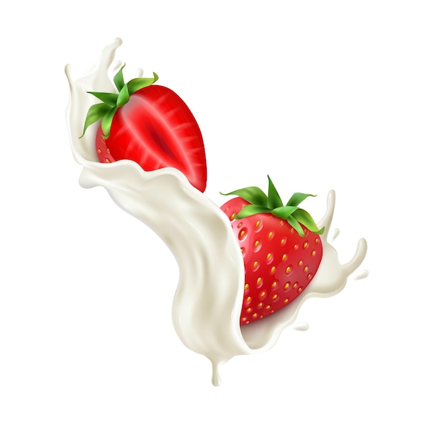 Composición realista de bayas de yogur de leche con salpicaduras de líquido blanco e ilustración vectorial de fresa madura